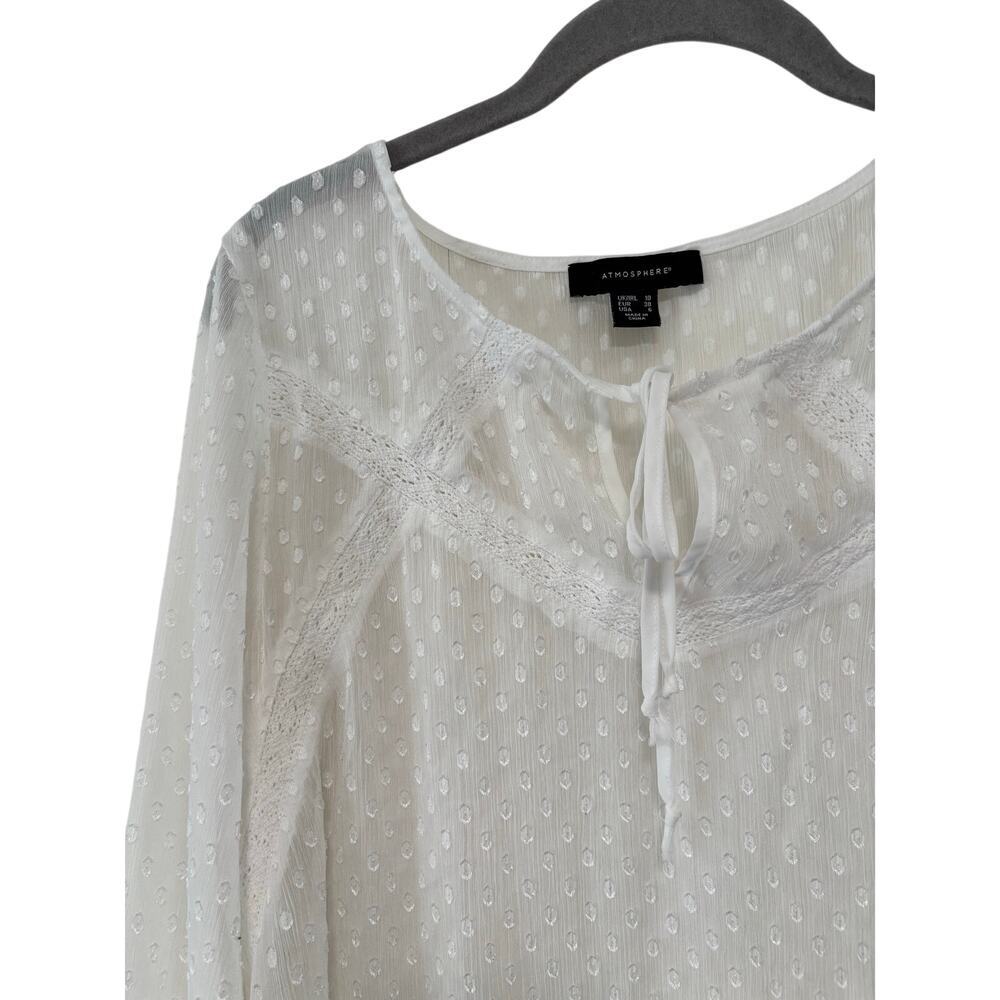 Atmosphere White Swiss Dot Peasant Blouse Lace Tie Neck Long Sleeve Size US 6 - Picture 6 of 7